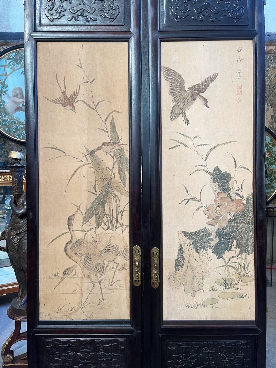 Pair Of 19th Century Chinese Doors Decorated With Two Pairs Of Silk Paintings-photo-1