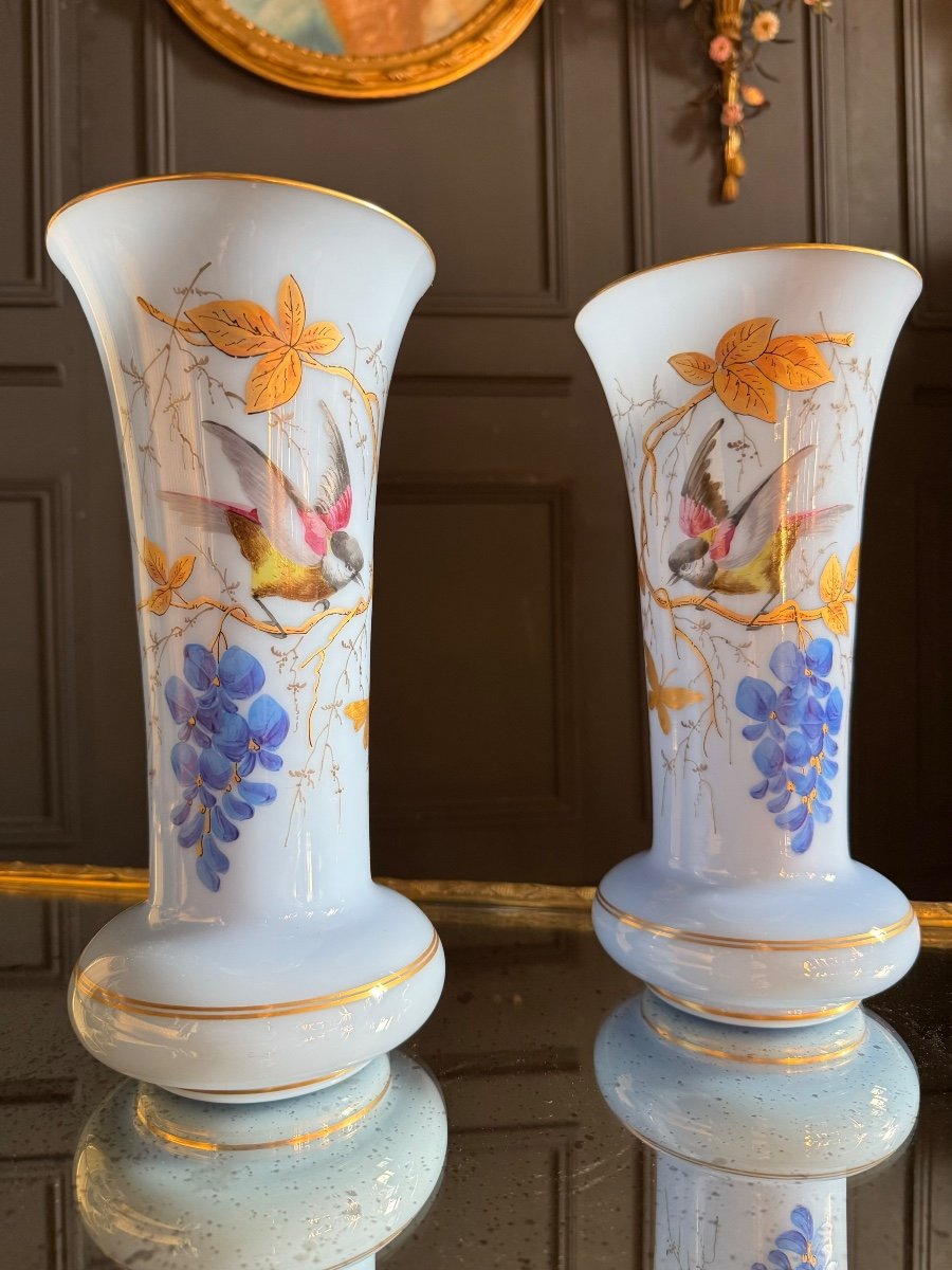 Paire De Vases D’époque Napoléon III En Opaline Bleu à Décor D’oiseaux -photo-3