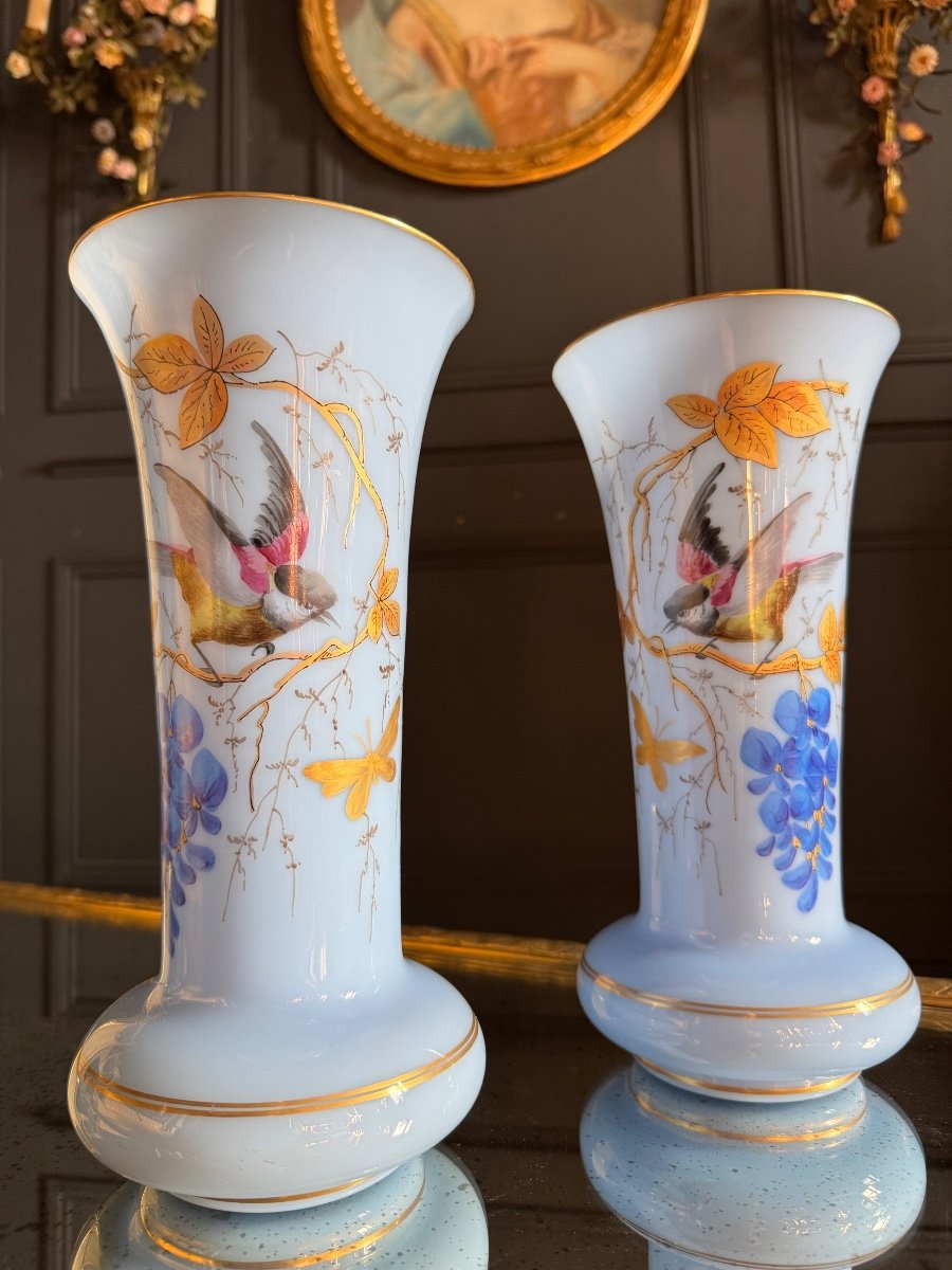 Paire De Vases D’époque Napoléon III En Opaline Bleu à Décor D’oiseaux -photo-4