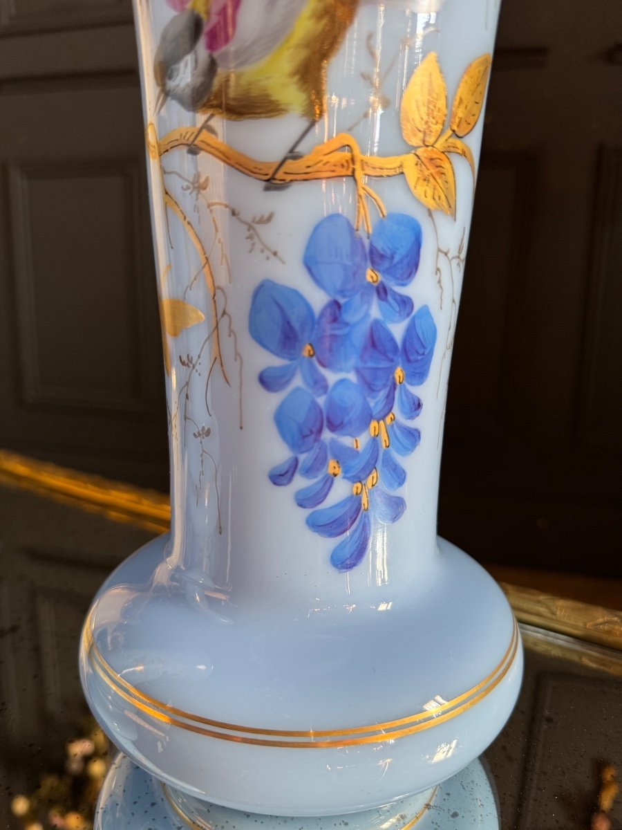 Paire De Vases D’époque Napoléon III En Opaline Bleu à Décor D’oiseaux -photo-4