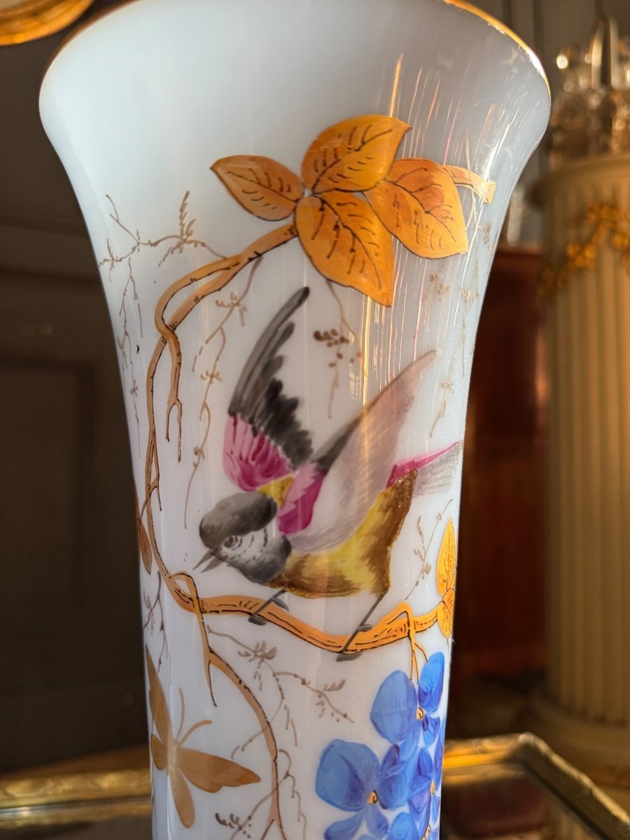 Paire De Vases D’époque Napoléon III En Opaline Bleu à Décor D’oiseaux -photo-5