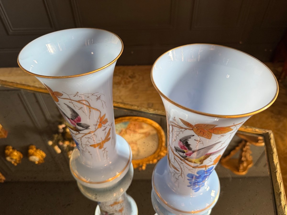 Paire De Vases D’époque Napoléon III En Opaline Bleu à Décor D’oiseaux -photo-6