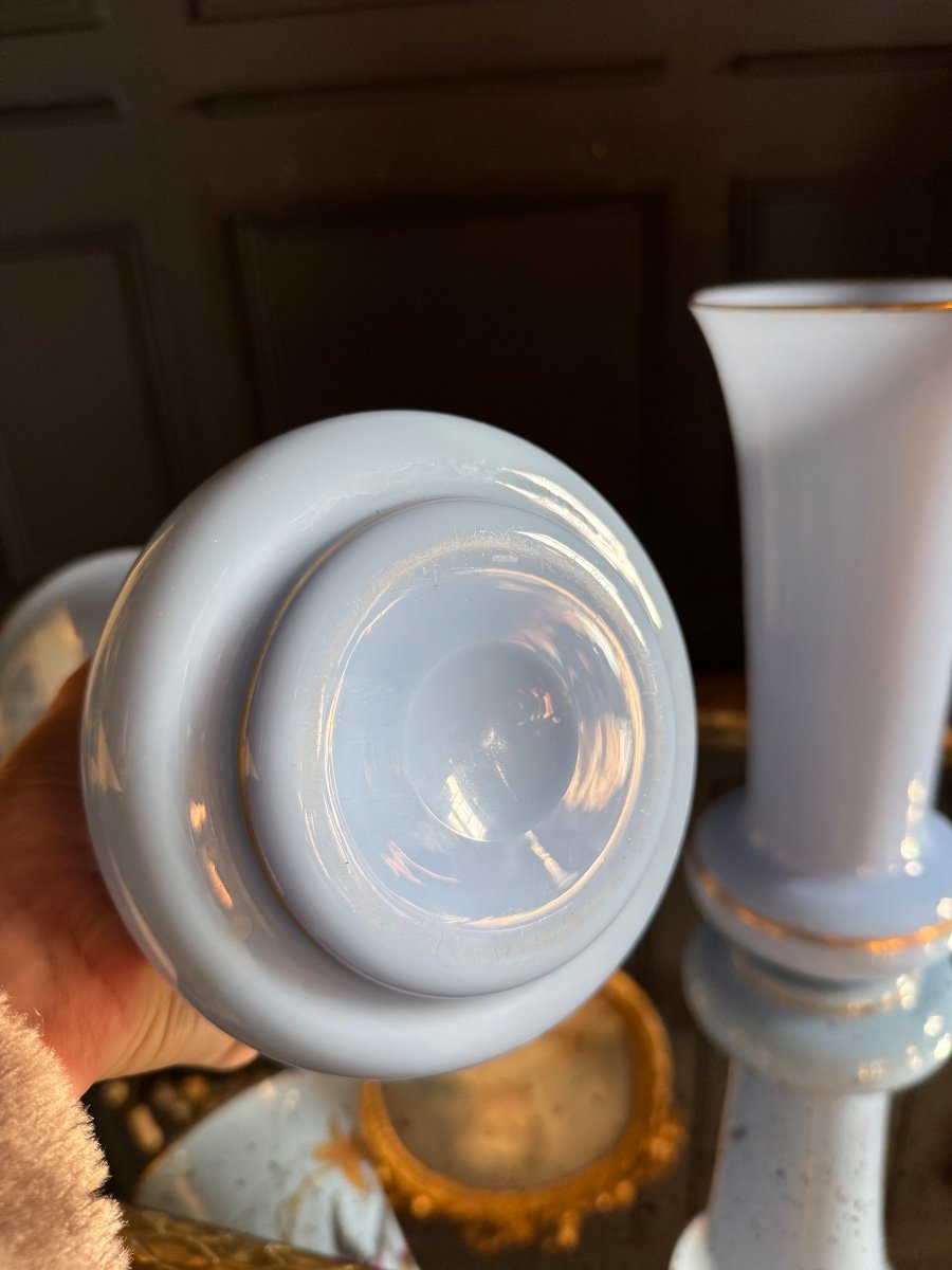 Paire De Vases D’époque Napoléon III En Opaline Bleu à Décor D’oiseaux -photo-8