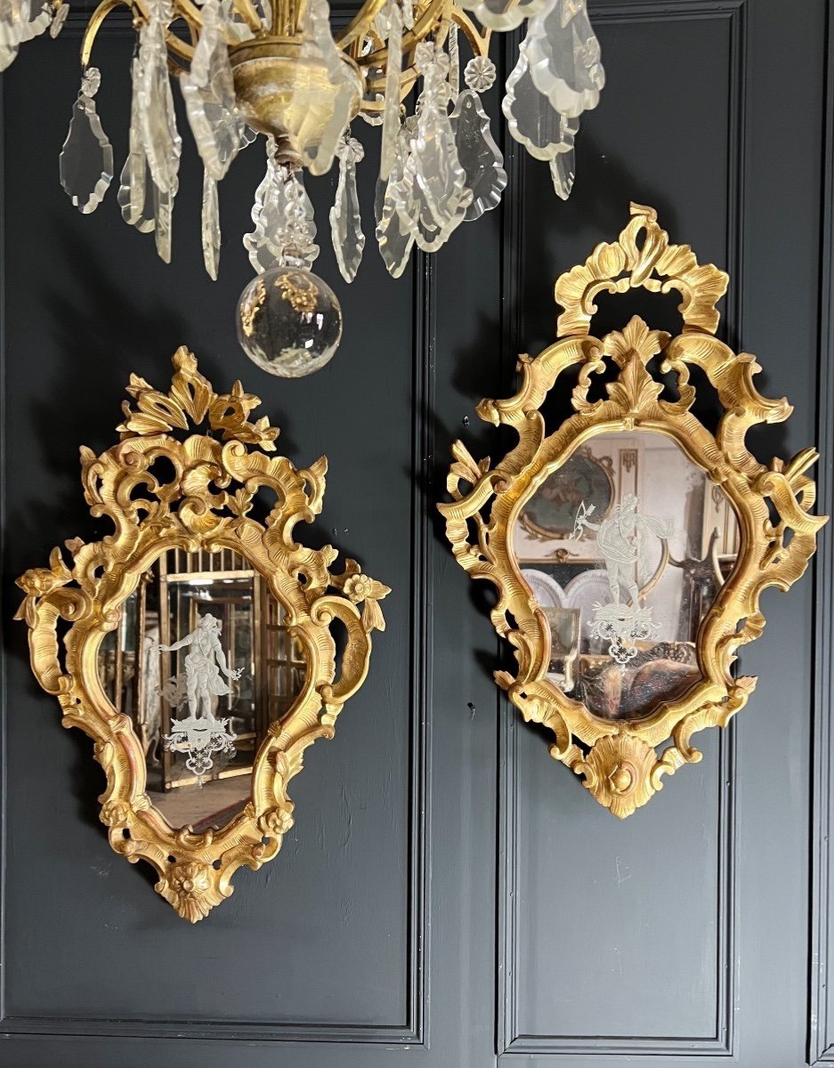 Paire De Miroirs Italiens Du XVIIIe En Bois Doré De Style Louis XV-photo-3