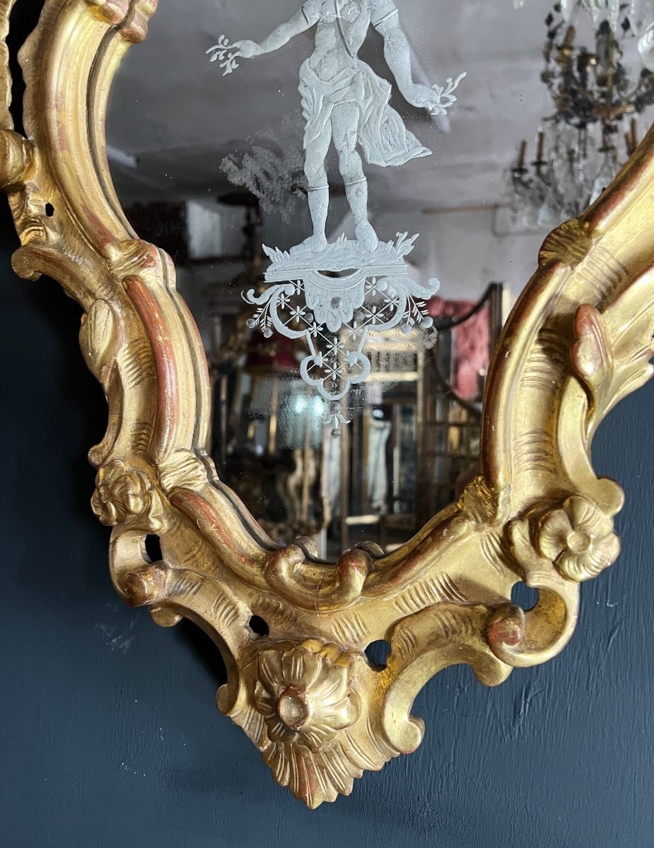 Paire De Miroirs Italiens Du XVIIIe En Bois Doré De Style Louis XV-photo-2