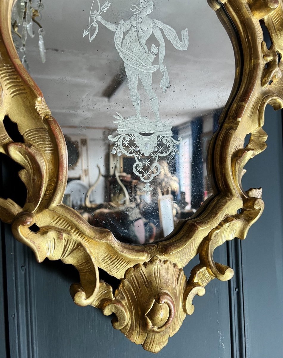 Paire De Miroirs Italiens Du XVIIIe En Bois Doré De Style Louis XV-photo-5