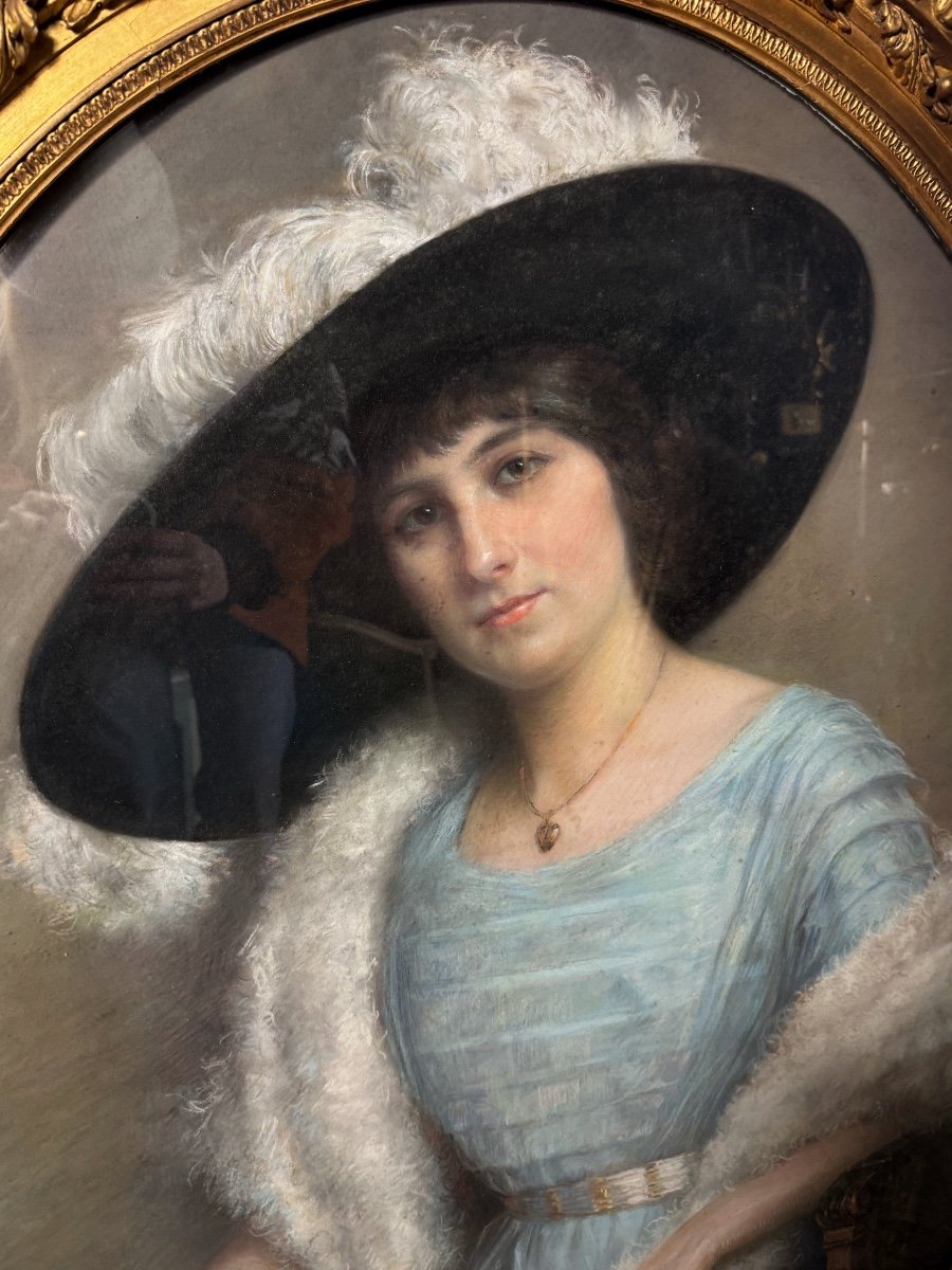 Albert Baure (late 19th Century): Pastel Of A Woman With A Hat, Circa 1900-photo-2