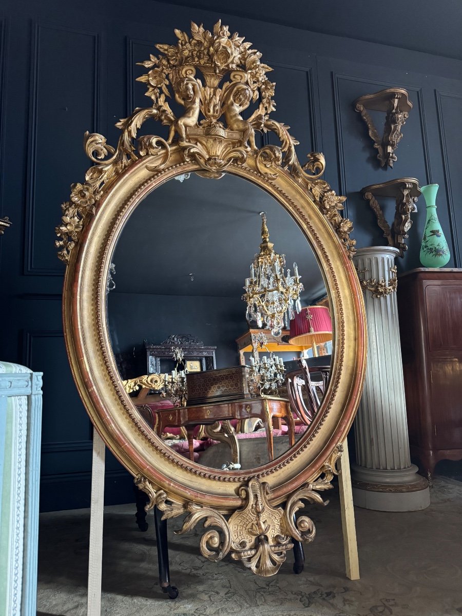 Napoleon III Period Oval Mirror In Gilded Wood With Putti Decor - 19th Century-photo-2