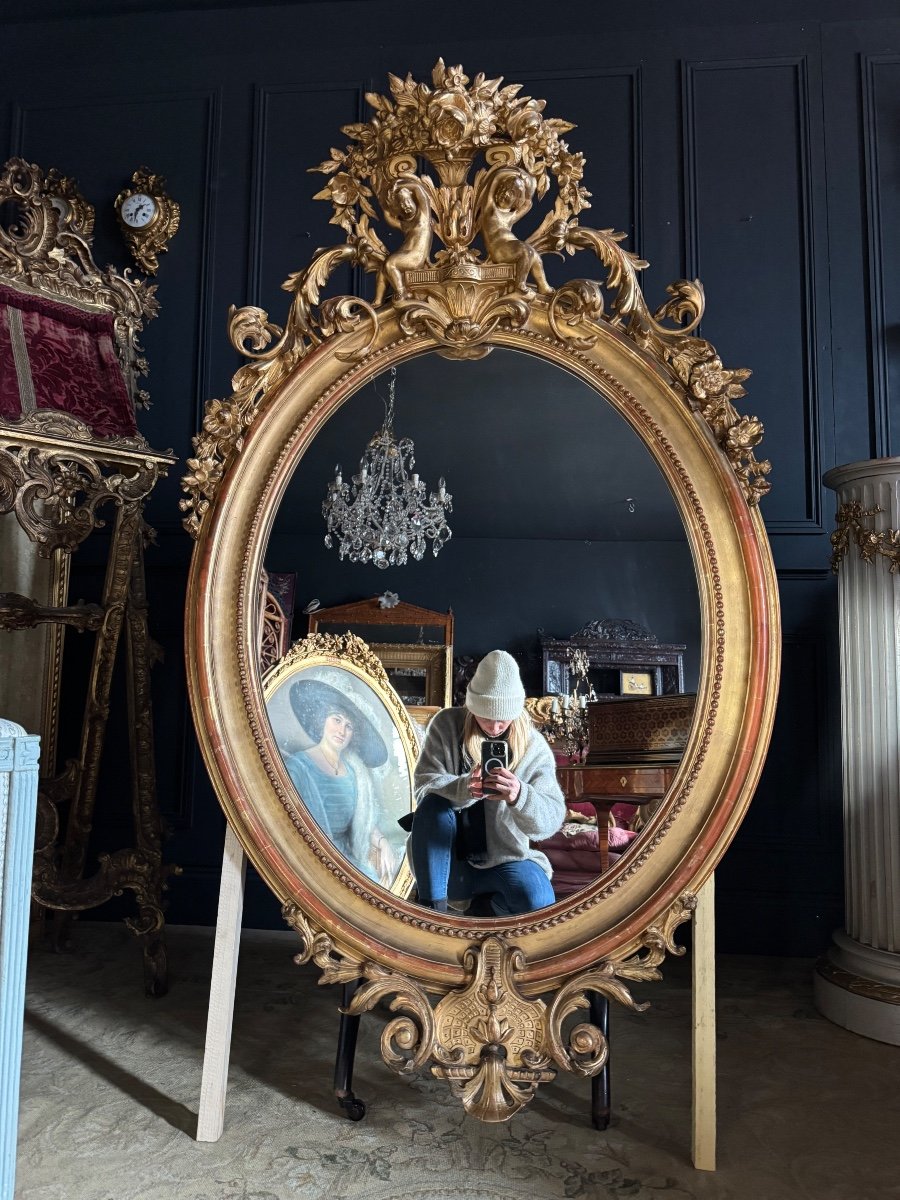 Napoleon III Period Oval Mirror In Gilded Wood With Putti Decor - 19th Century-photo-3