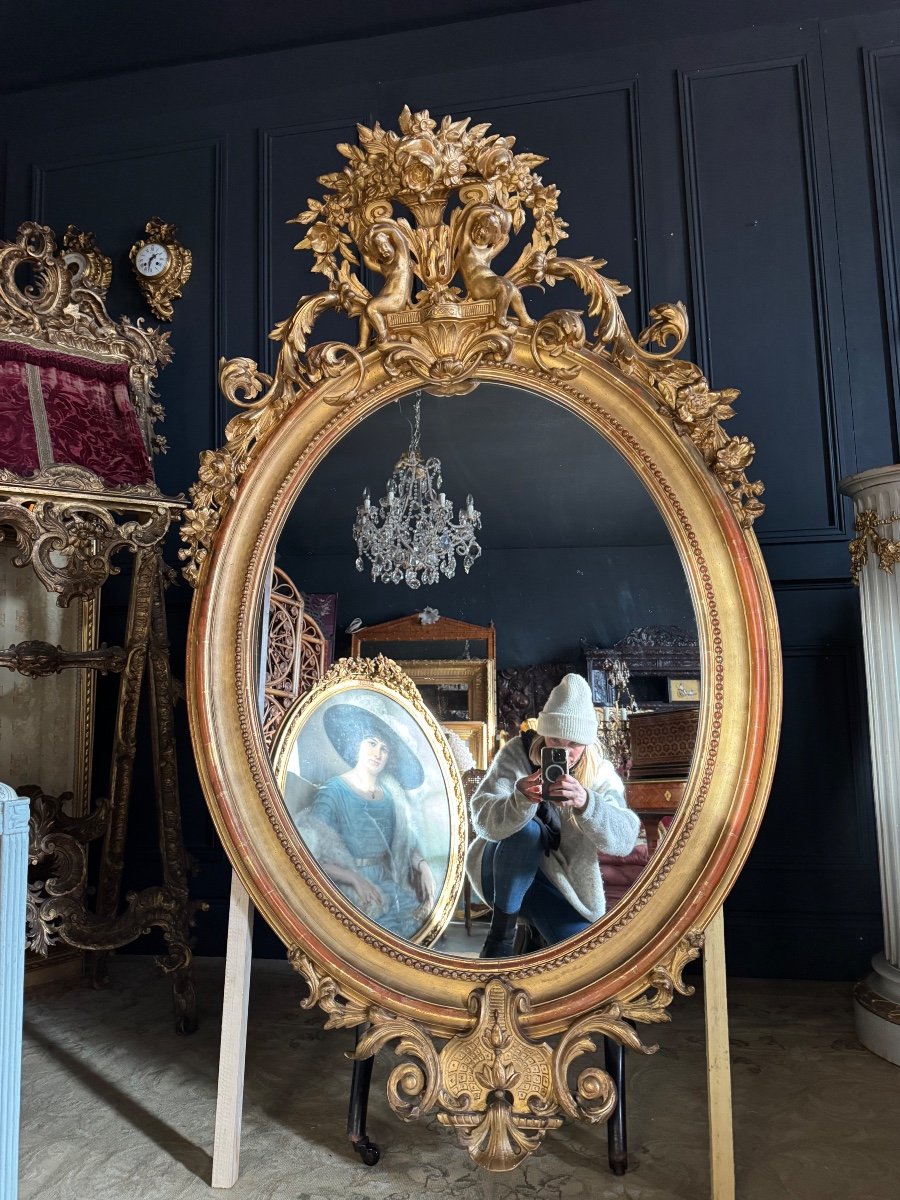 Napoleon III Period Oval Mirror In Gilded Wood With Putti Decor - 19th Century-photo-4