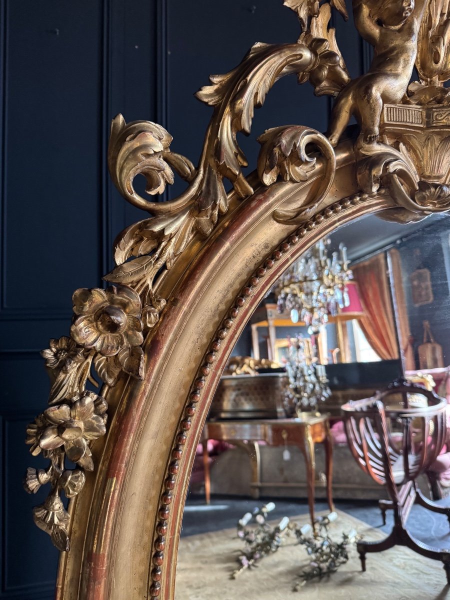 Napoleon III Period Oval Mirror In Gilded Wood With Putti Decor - 19th Century-photo-3