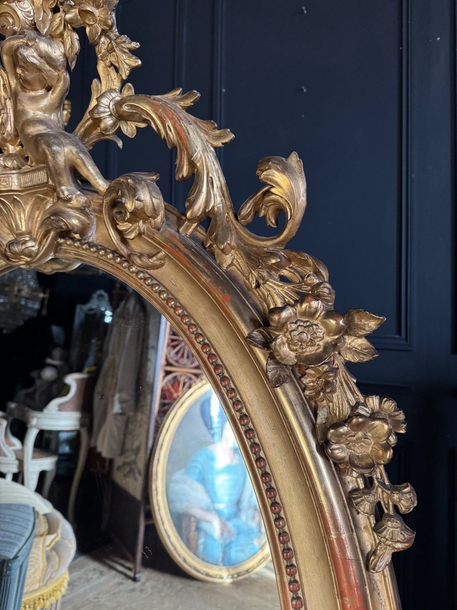 Napoleon III Period Oval Mirror In Gilded Wood With Putti Decor - 19th Century-photo-4