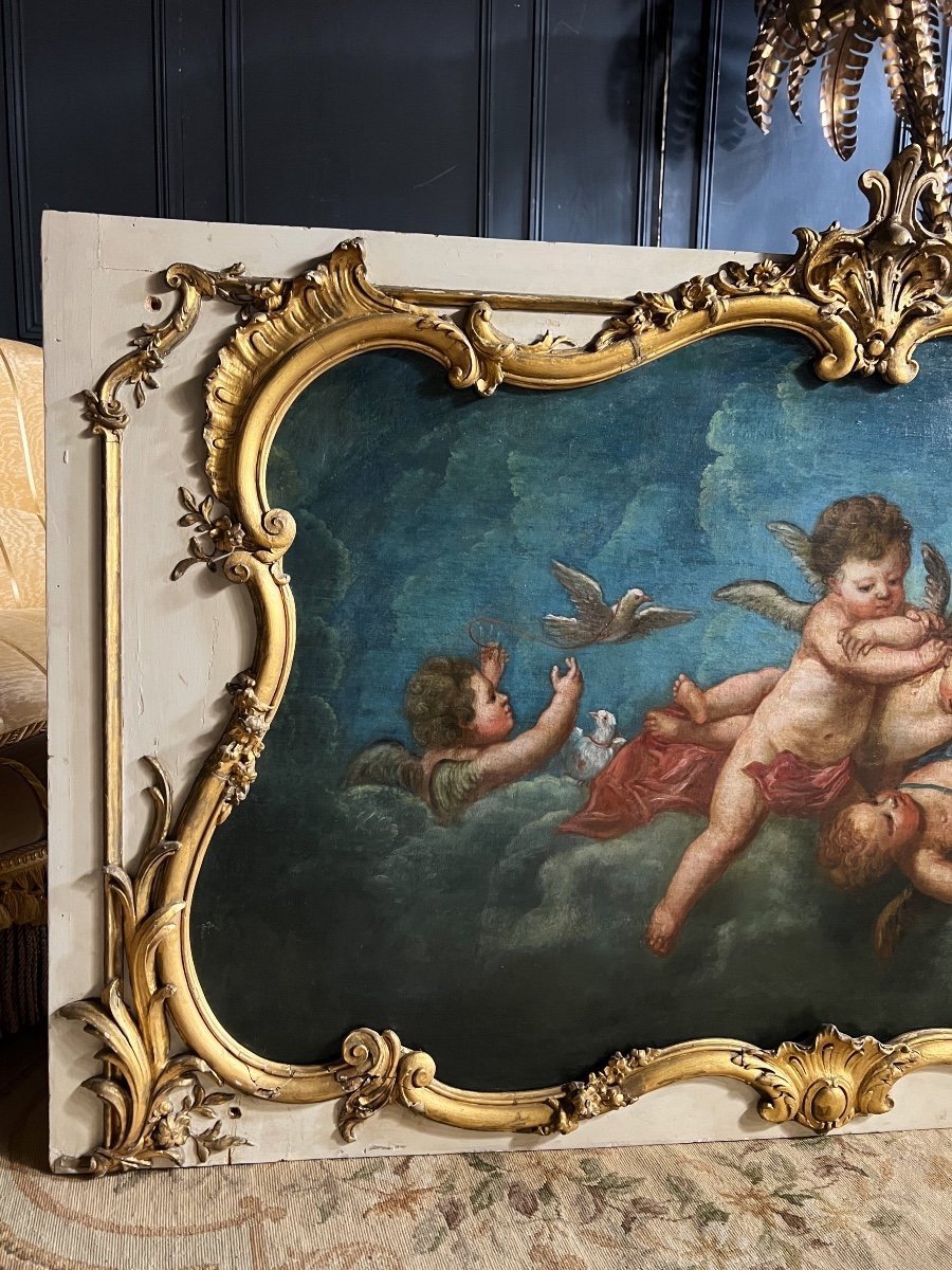 Haut De Porte - Huile Sur Toile Du XVIIIe Représentant Le Printemps Des Anges-photo-1