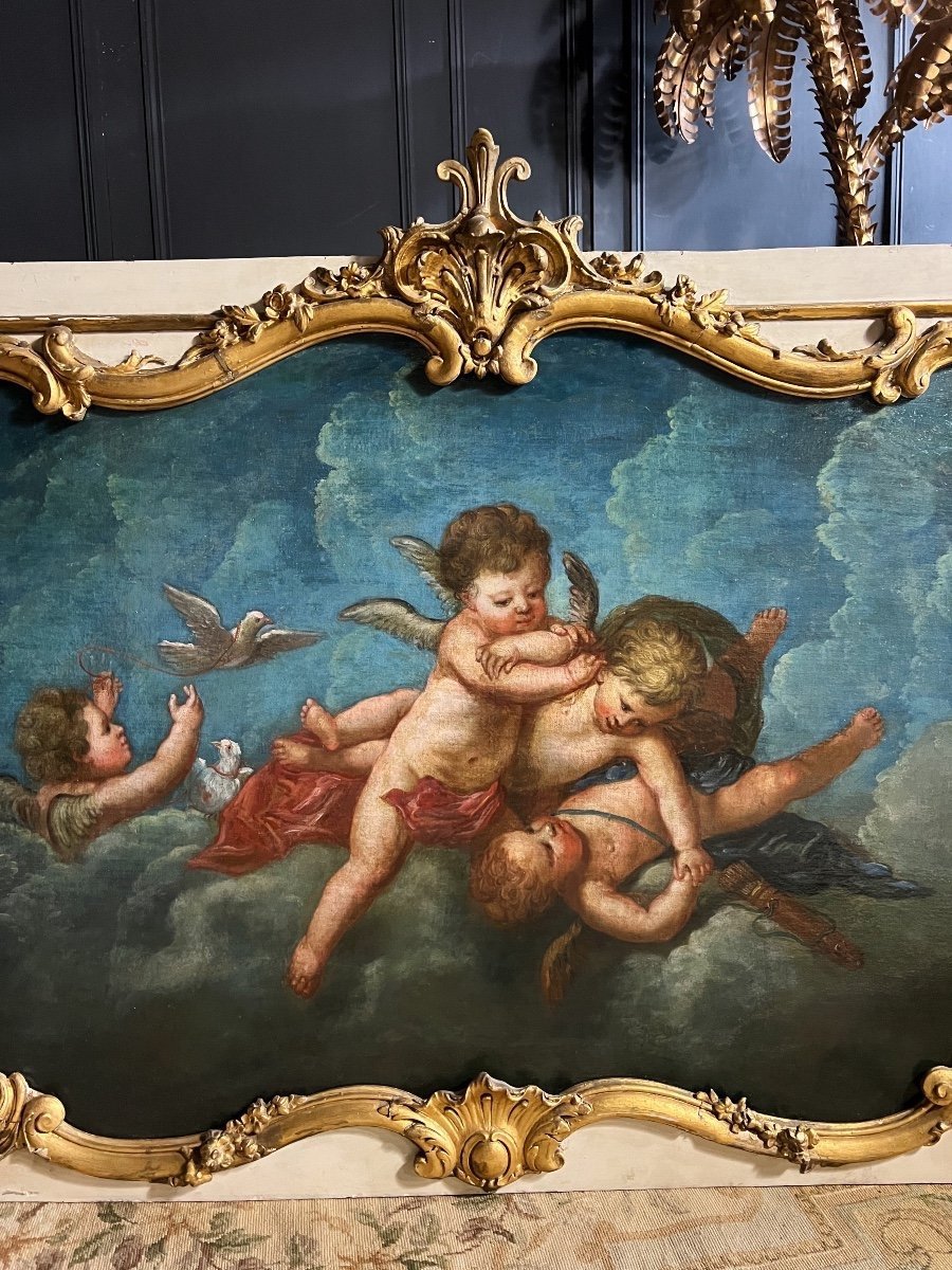 Haut De Porte - Huile Sur Toile Du XVIIIe Représentant Le Printemps Des Anges-photo-2