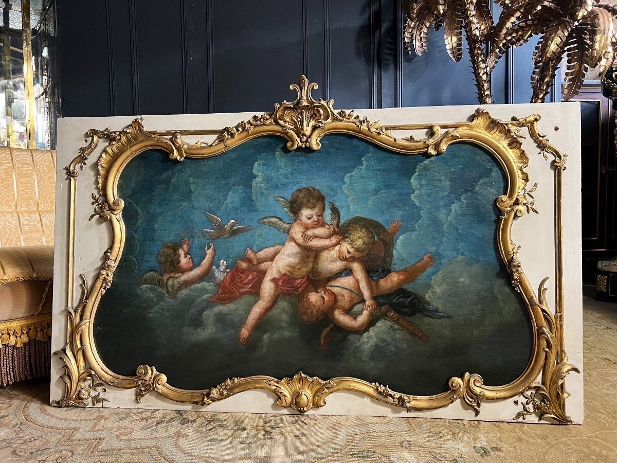 Haut De Porte - Huile Sur Toile Du XVIIIe Représentant Le Printemps Des Anges