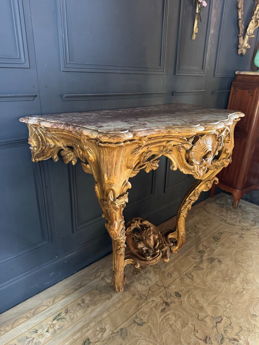 19th Century Lyon Console In Gilded Wood With Its Louis XV Style Marble Top-photo-2