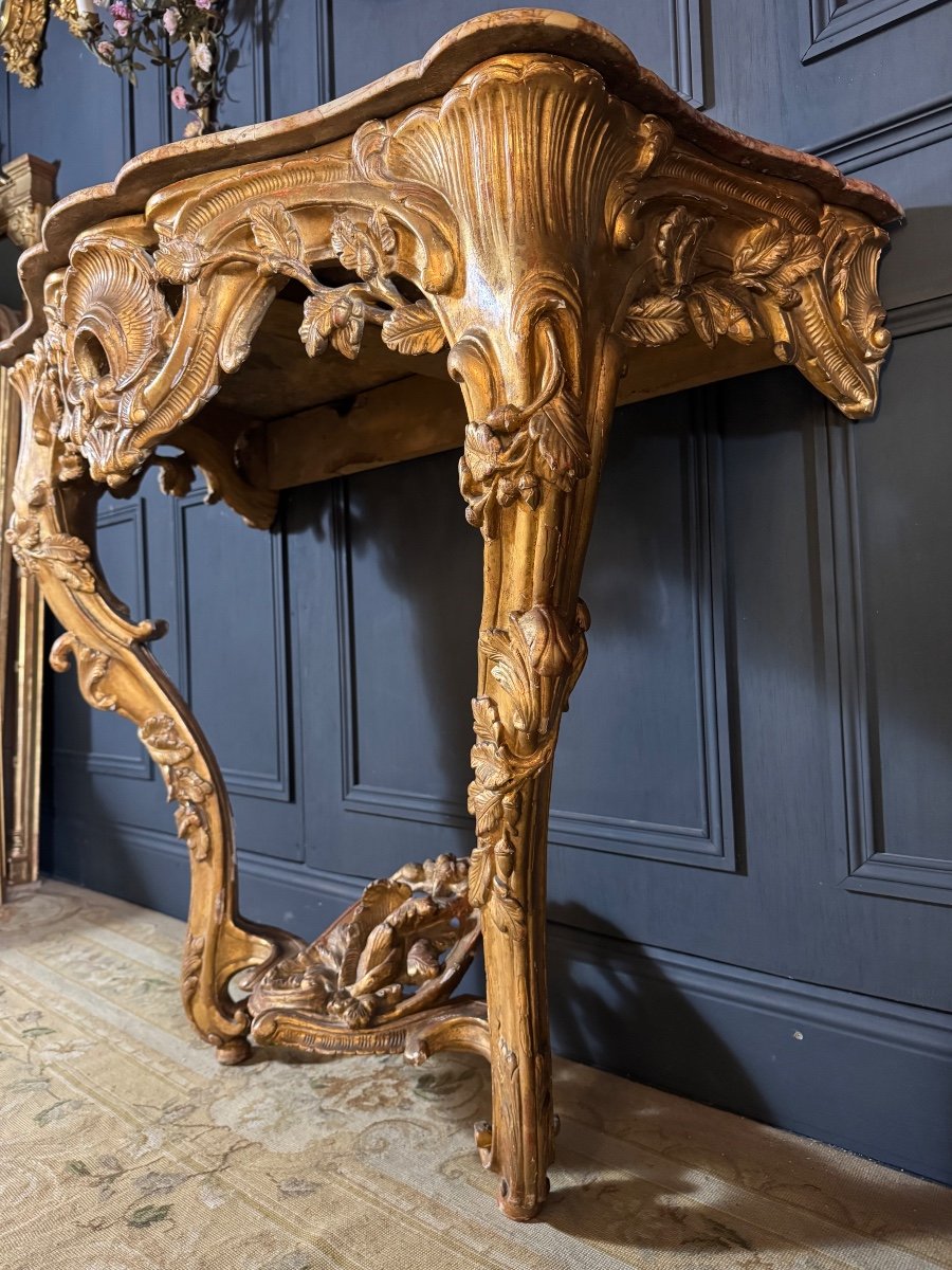 19th Century Lyon Console In Gilded Wood With Its Louis XV Style Marble Top-photo-1