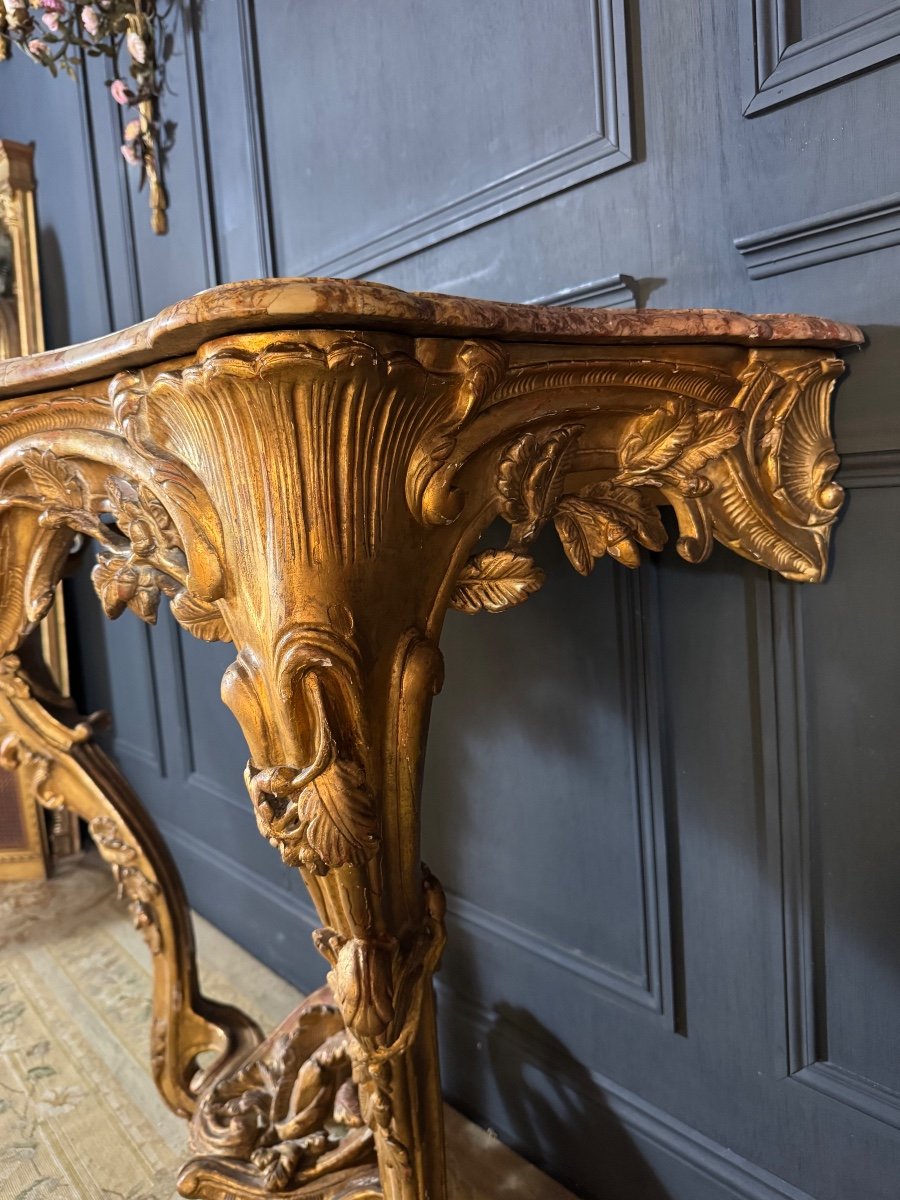 19th Century Lyon Console In Gilded Wood With Its Louis XV Style Marble Top-photo-2