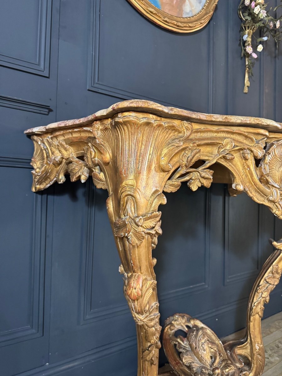 19th Century Lyon Console In Gilded Wood With Its Louis XV Style Marble Top-photo-3