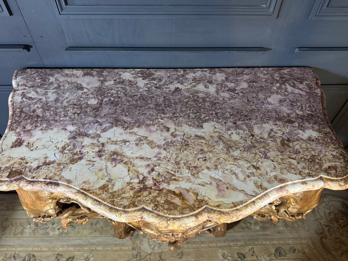 19th Century Lyon Console In Gilded Wood With Its Louis XV Style Marble Top-photo-6