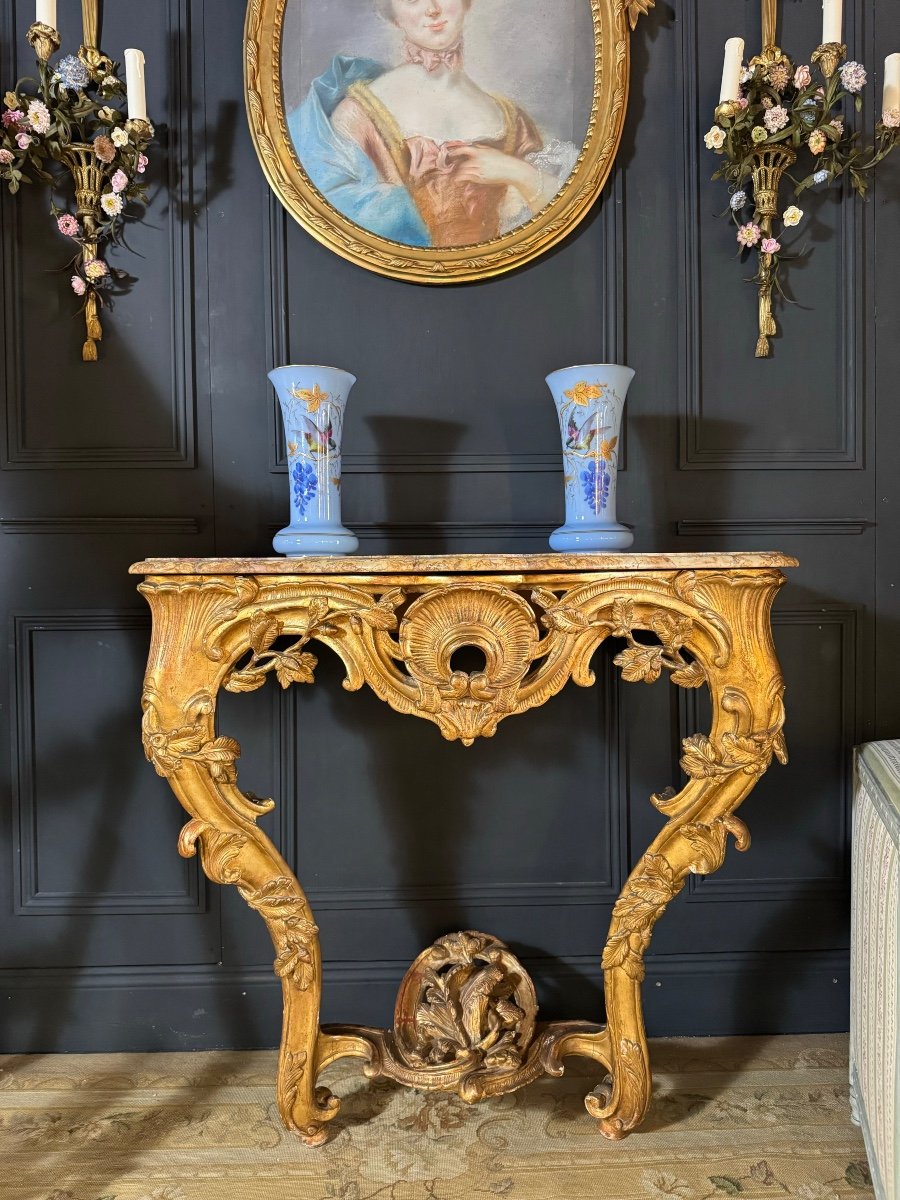 19th Century Lyon Console In Gilded Wood With Its Louis XV Style Marble Top