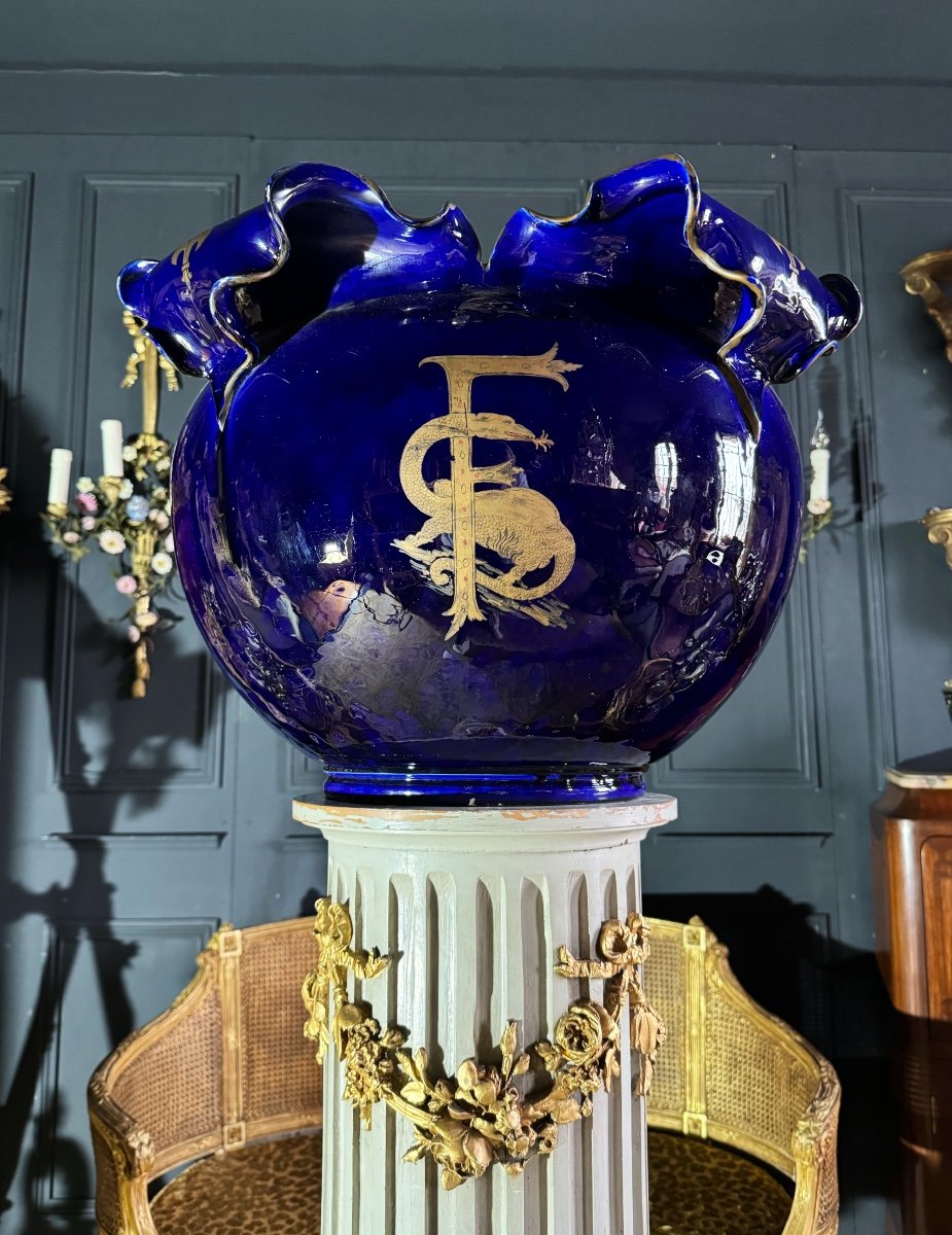 Vase / Cache Pot D’époque Napoléon III En Porcelaine Peinte à Décor De Fleurs De Lys - XIXe 