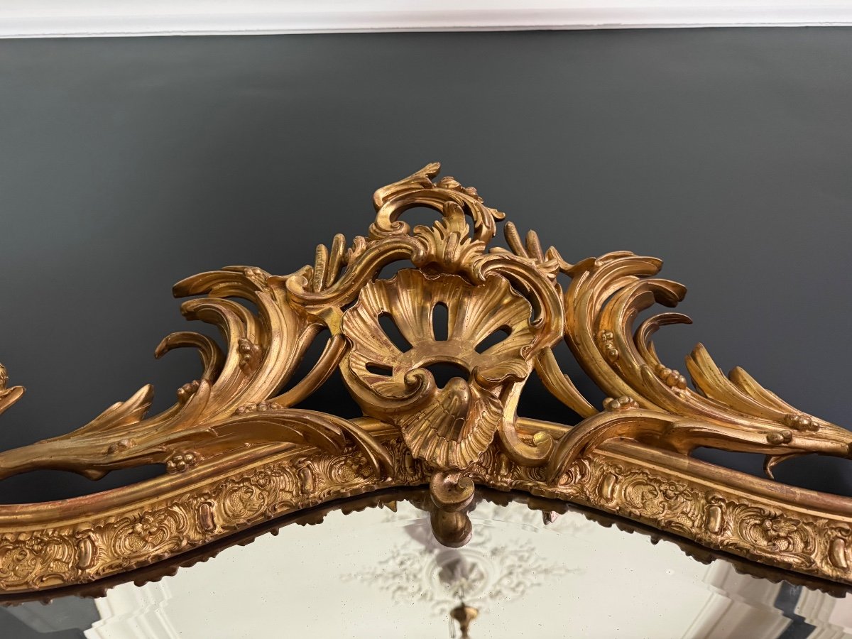 Miroir De Cheminée D’époque Napoléon III En Bois Doré à Décor De Palmes Et D’oiseaux - XIXe-photo-2