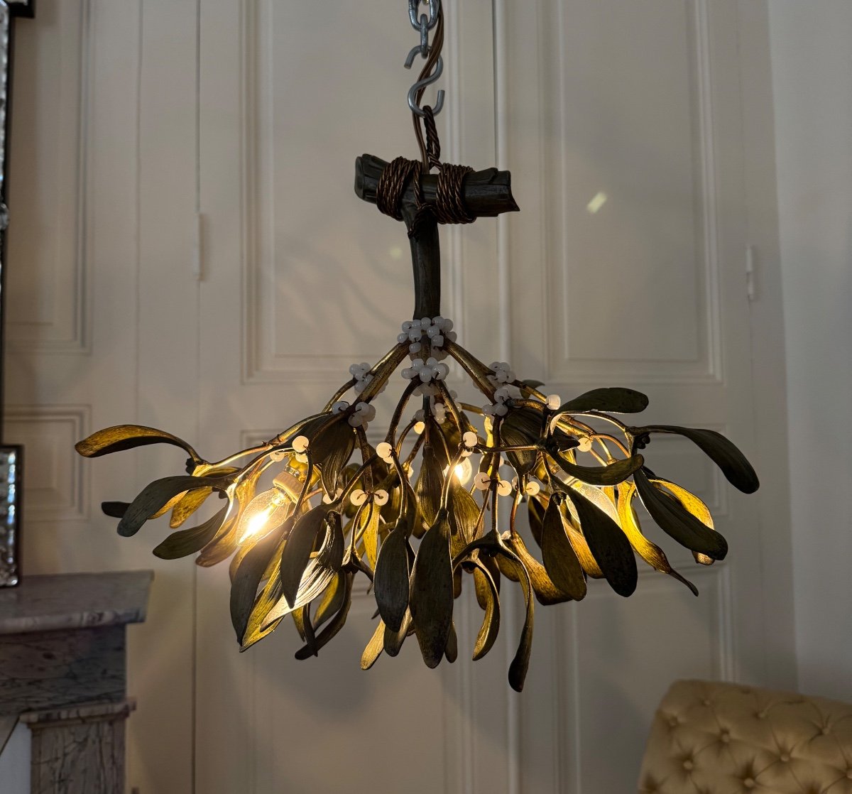 Art Nouveau Bronze Mistletoe Chandelier - 20th Century-photo-2