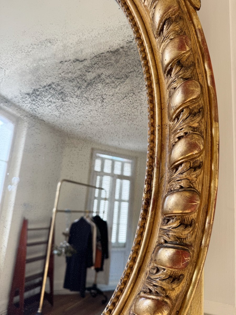 Oval Mirror From The Napoleon III Period In Gilded And Carved Wood With A Knot Decoration - 19th Century -photo-5