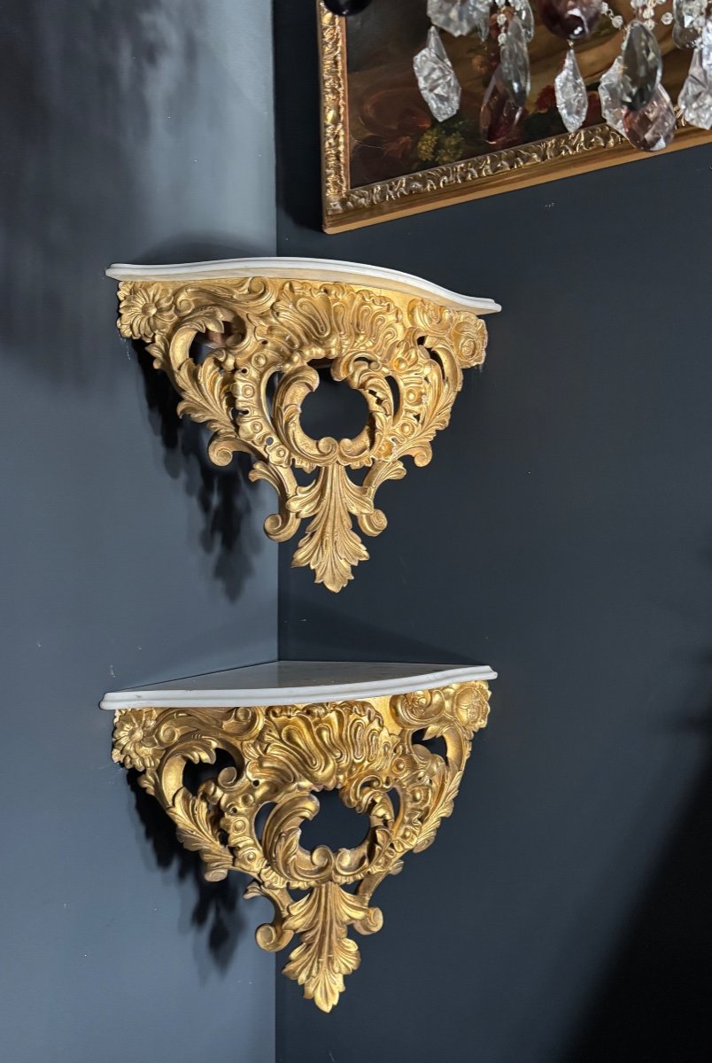 Pair Of Napoleon III Period Wall Consoles (corner Tables) In Gilded And Carved Wood - 19th Century -photo-2