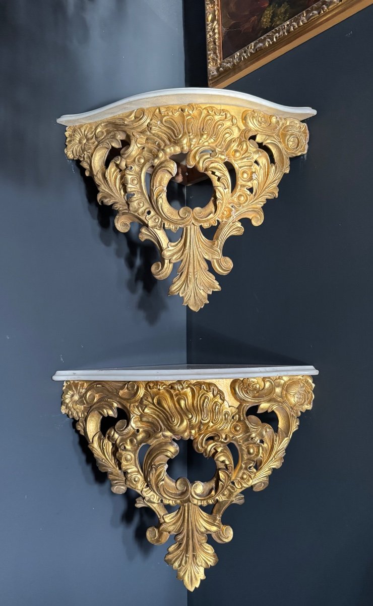 Pair Of Napoleon III Period Wall Consoles (corner Tables) In Gilded And Carved Wood - 19th Century -photo-3