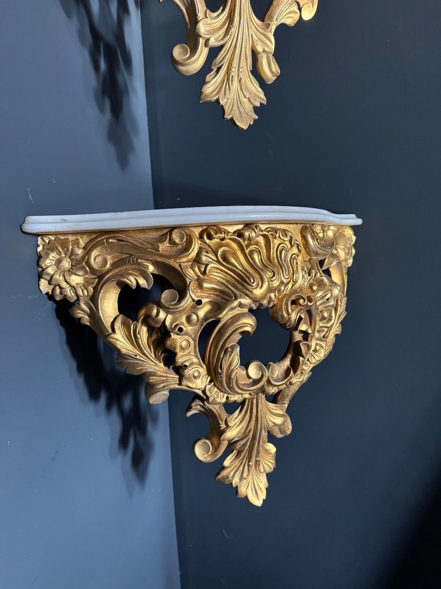 Pair Of Napoleon III Period Wall Consoles (corner Tables) In Gilded And Carved Wood - 19th Century -photo-4