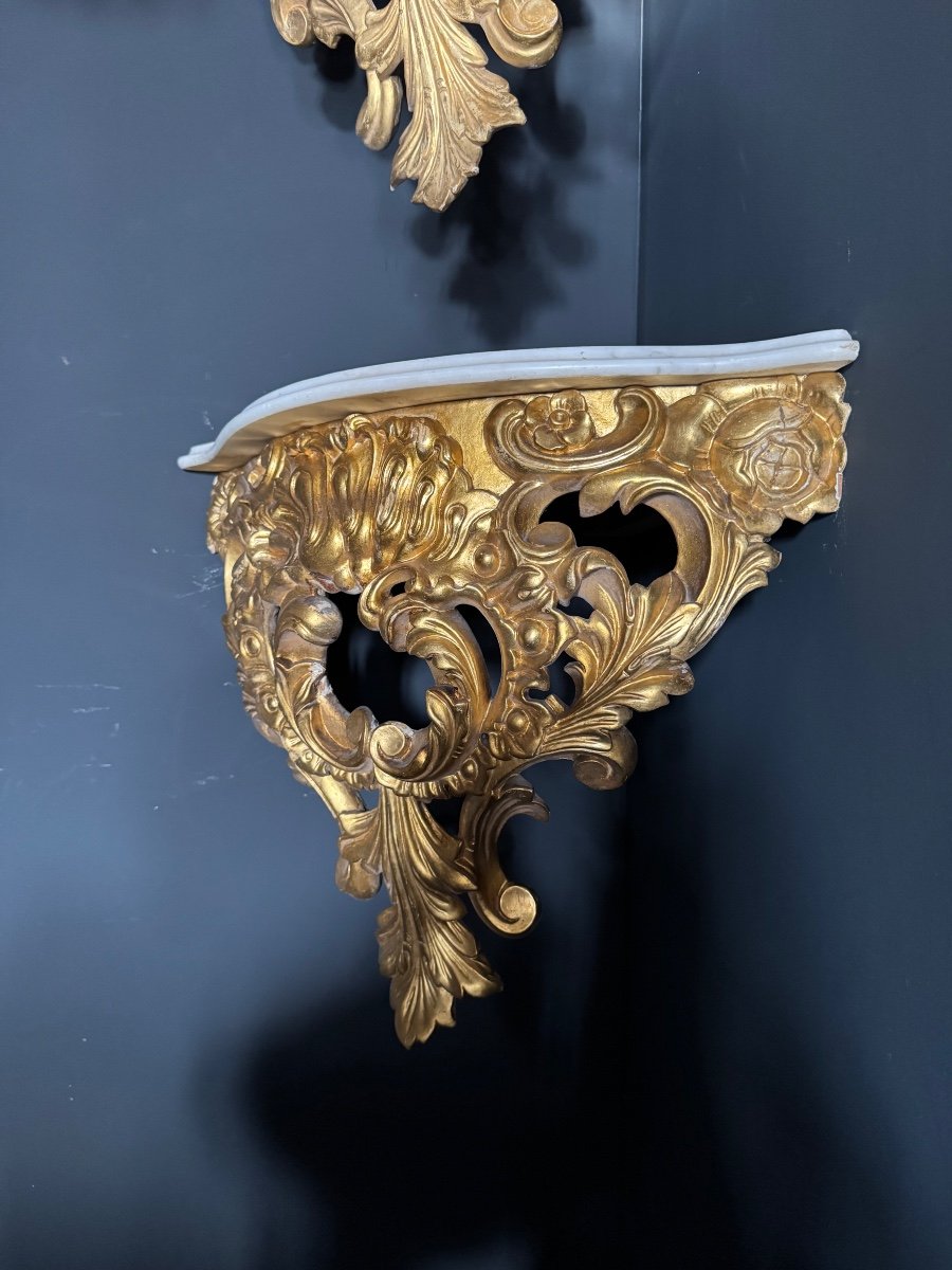 Pair Of Napoleon III Period Wall Consoles (corner Tables) In Gilded And Carved Wood - 19th Century -photo-1