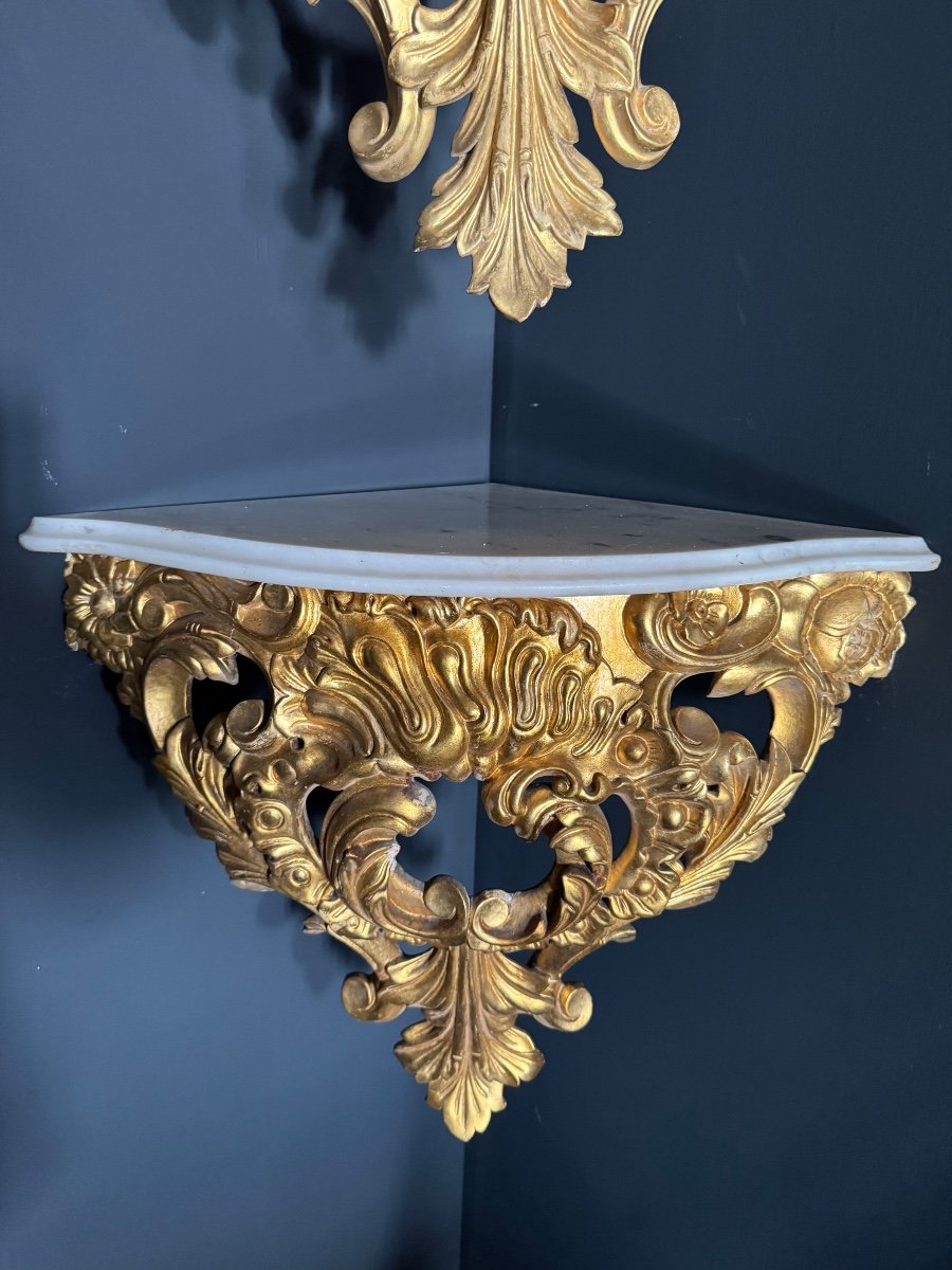 Pair Of Napoleon III Period Wall Consoles (corner Tables) In Gilded And Carved Wood - 19th Century -photo-2