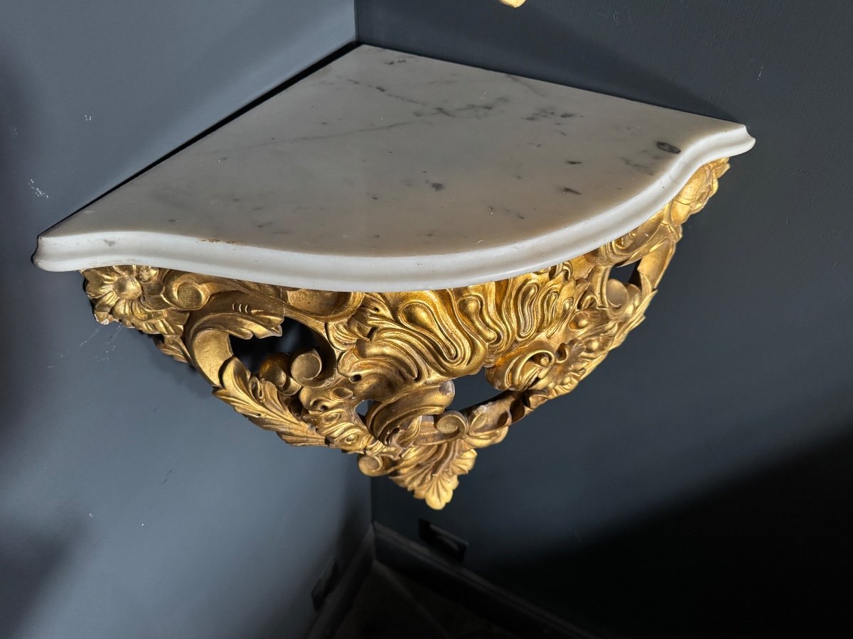 Pair Of Napoleon III Period Wall Consoles (corner Tables) In Gilded And Carved Wood - 19th Century -photo-4