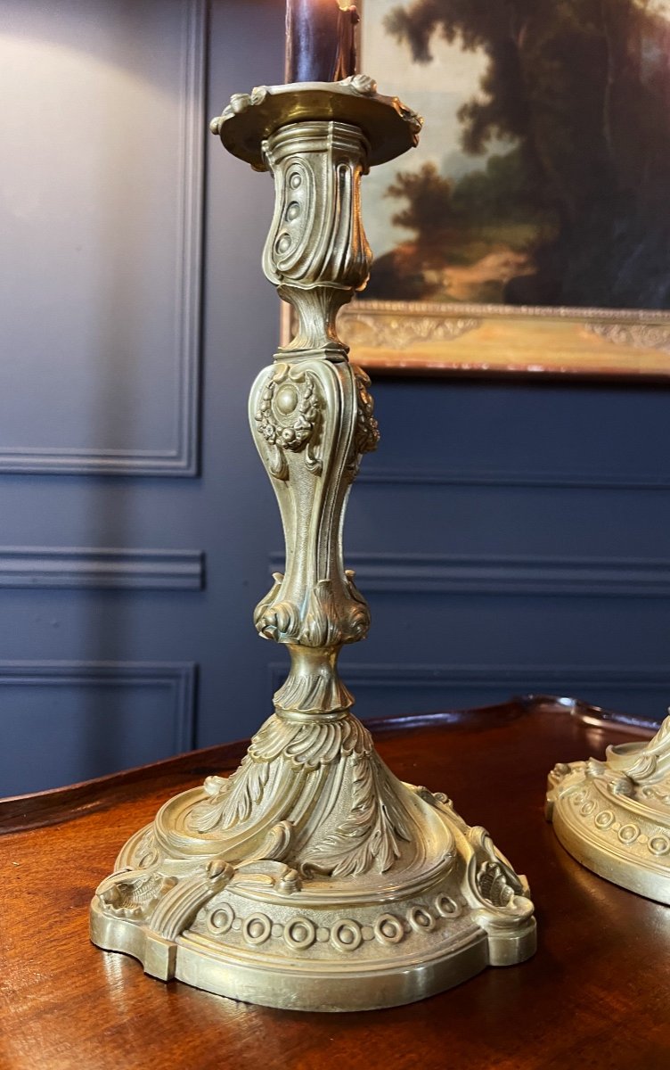 Pair Of Napoleon III Candlesticks In Gilt Bronze Louis XV Style-photo-4