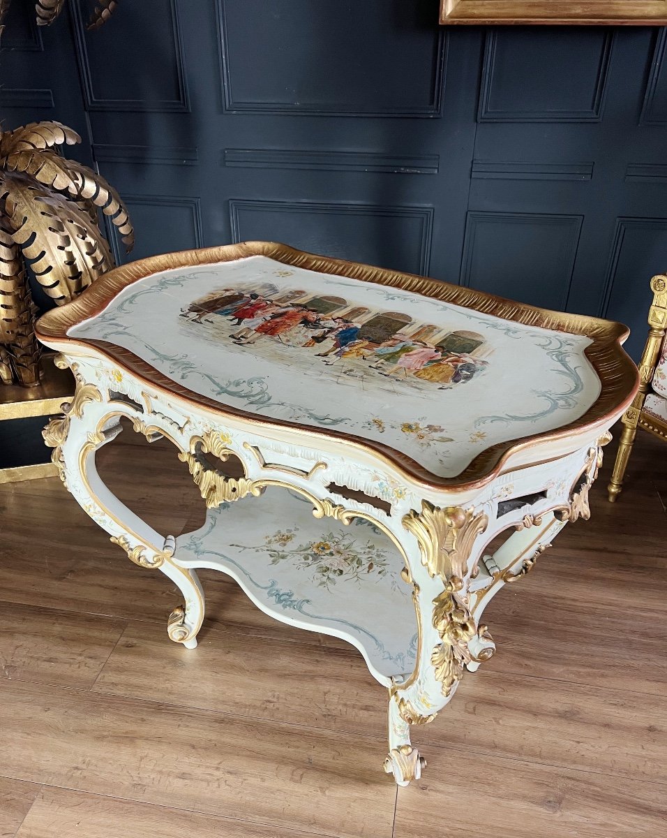 Table De Salon D’époque Napoléon III En Bois Peint De Style Louis XV Avec Plateau Amovible -photo-3