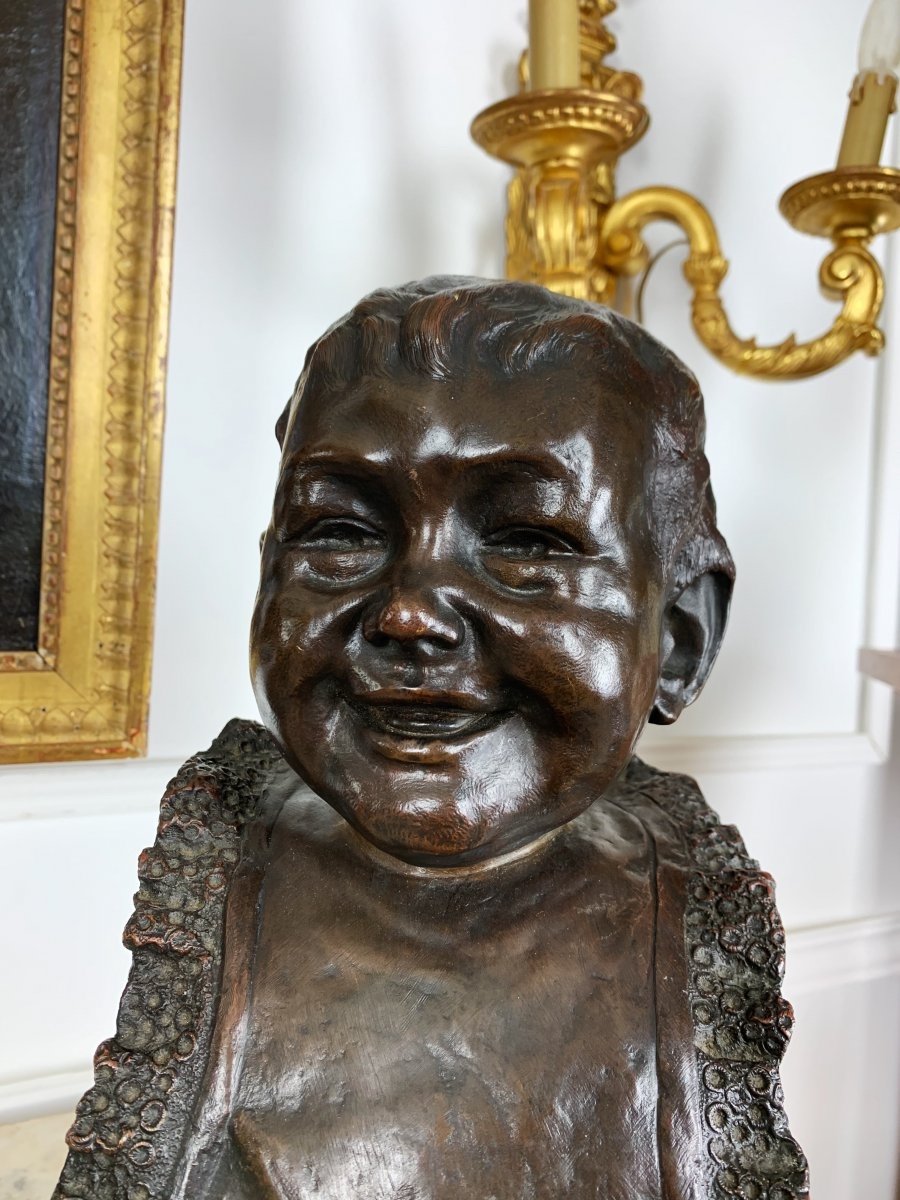 Nineteenth Bronze Bust Representing A Laughing Child On A Marble Base-photo-2