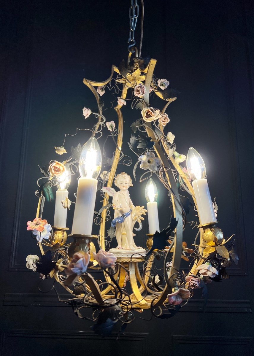 Napoleon III Period Cage Chandelier In Gilt Bronze And Porcelain-photo-3