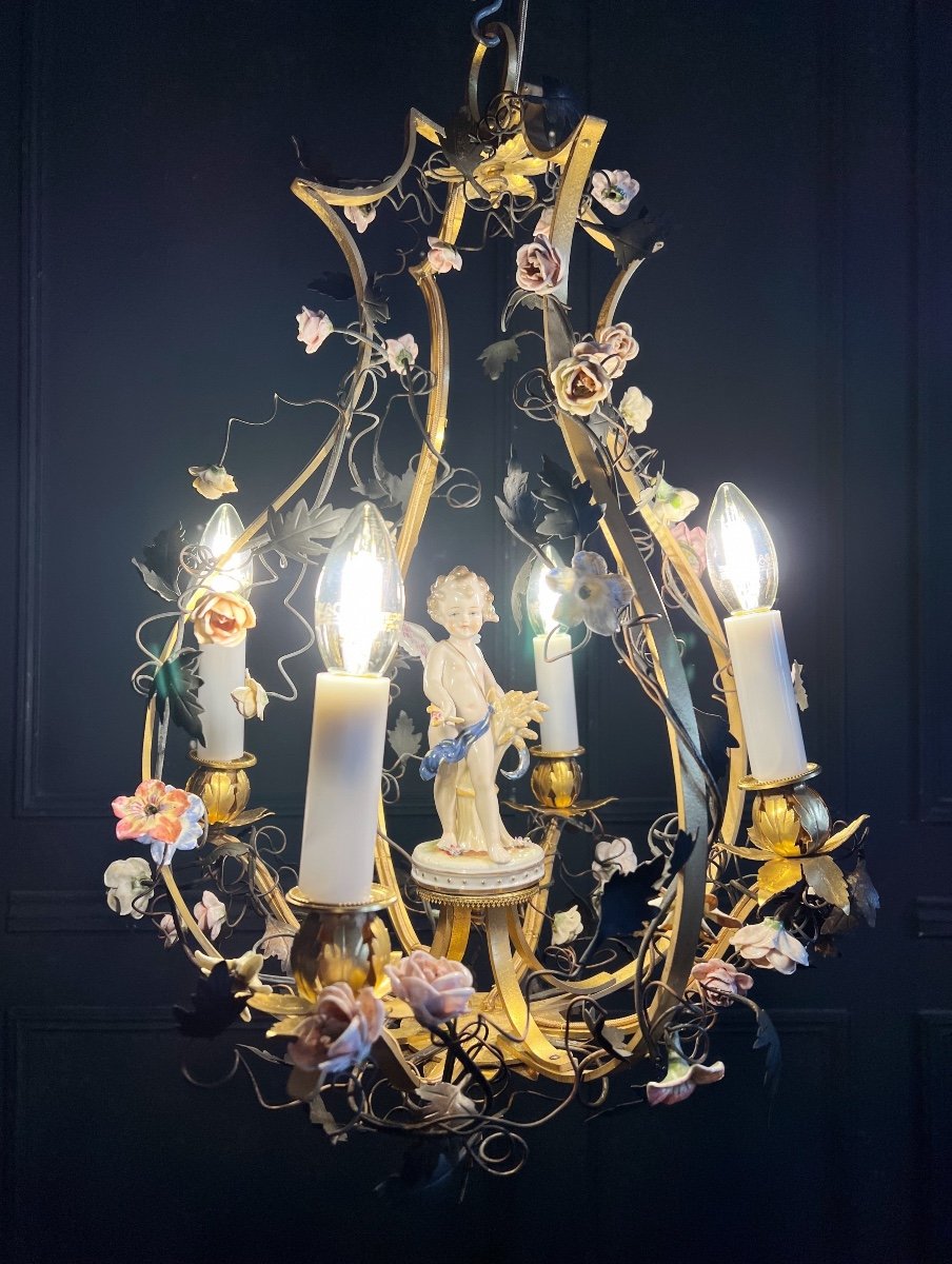 Napoleon III Period Cage Chandelier In Gilt Bronze And Porcelain