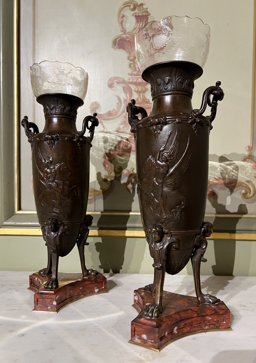 Pair Of Vases In The Shape Of Amphora From The Napoleon III Period In Bronze In The Style Of F.barbedienne-photo-3