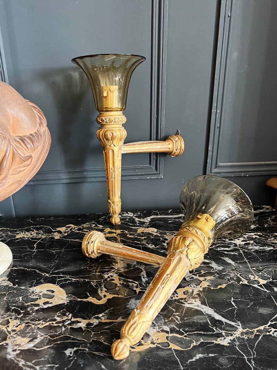 Pair Of Napoleon III Period Sconces In Golden Wood And Murano Glass Louis XVI Style-photo-3