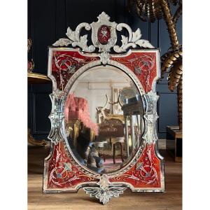 Napoleon III Period Venice Mirror In Red Glass With Floral Decor - Nineteenth