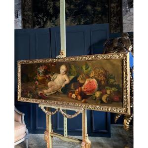 Top Of Door / 19th Century Oil On Canvas Representing A Scene At Putti