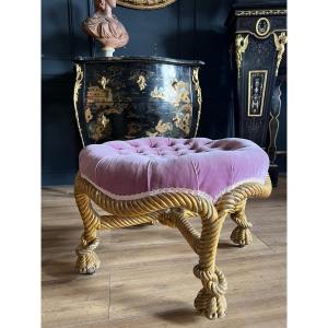 Napoleon III Period Pouf / Stool With Rope Base In Gilded And Carved Wood - 19th Century
