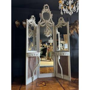 Miroir Triptyque Du XIXe En Bois Peint De Style Louis XVI - 2m53 De Haut 