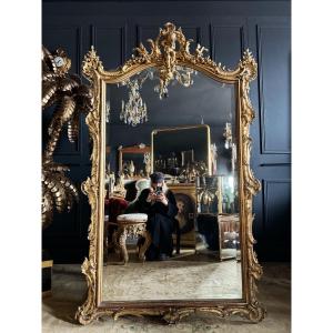 Miroir De Cheminée D’époque Napoléon III En Bois Doré à Décor De Putti Et D’oiseaux - XIXe