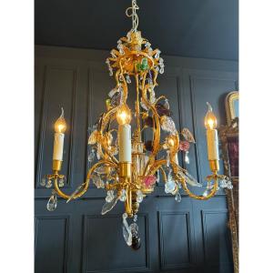 Maison Rings Chandelier In Gilt Bronze Decorated With Glass Flowers - 20th Century