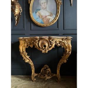 18th Century Lyonnaise Console In Golden Wood With Its Marble Top