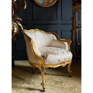 Chauffeuse D’époque Napoléon III En Bois Doré Et Sculpté De Style Louis XV - XIXe